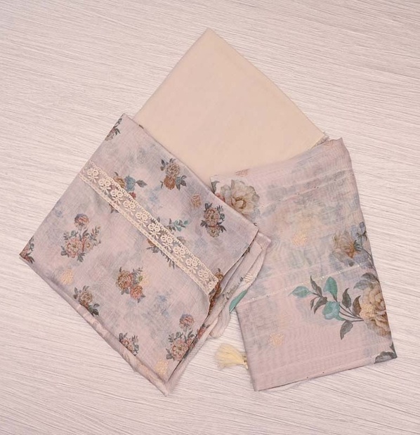 Cream Floral Linen Salwar Material