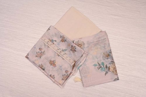 Cream With Pastel Floral Prints Linen Salwar Material-DDA070
