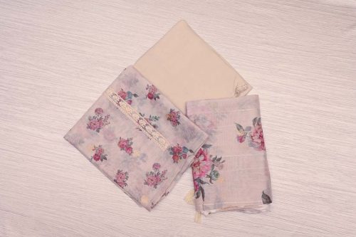 Cream With Pastel Floral Prints Linen Salwar Material-DDA071