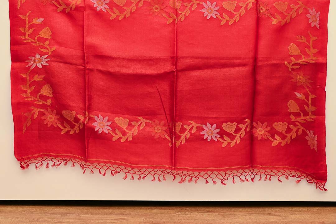 Scarlet Red with Floral Motif Pure Tussar Saree – DDA008