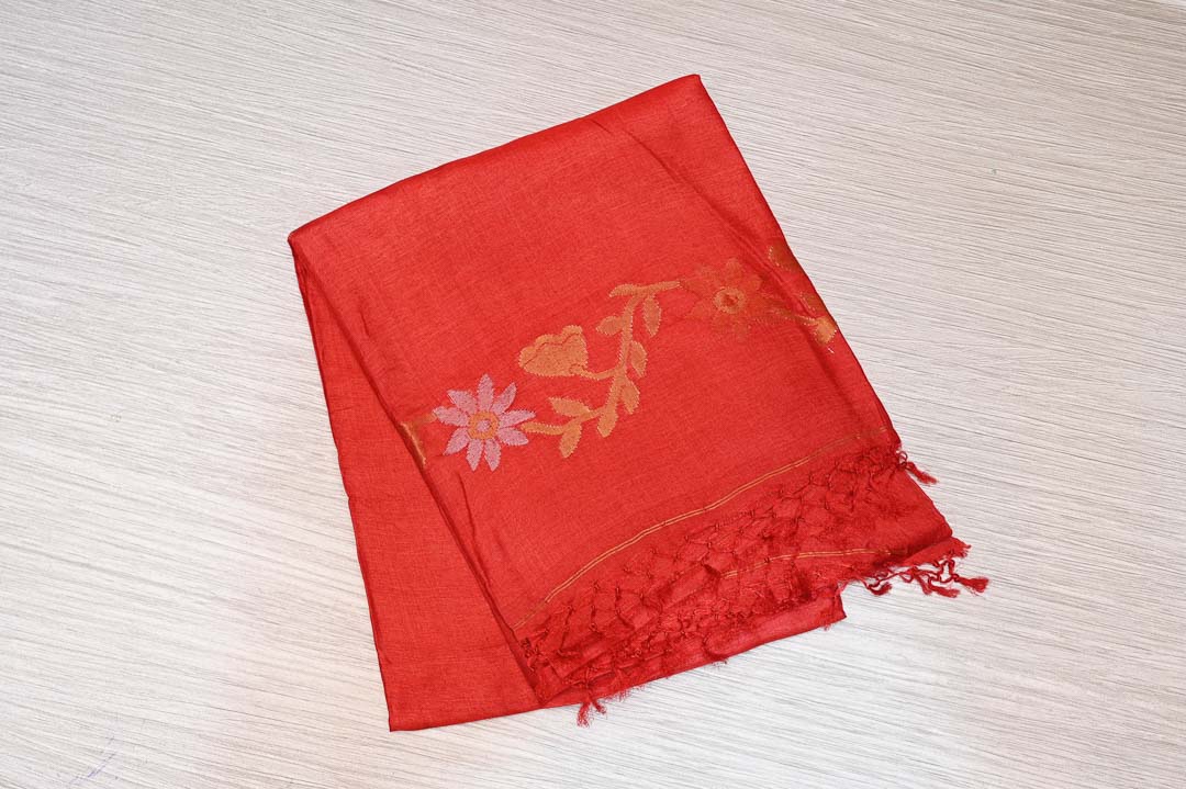 Scarlet Red with Floral Motif Pure Tussar Saree – DDA008