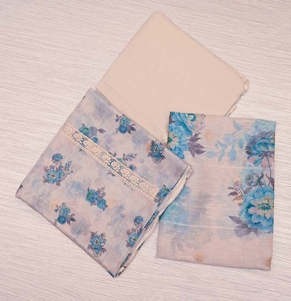 Cream Floral Linen Salwar Material