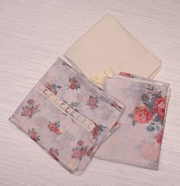 Cream Floral Linen Salwar Material