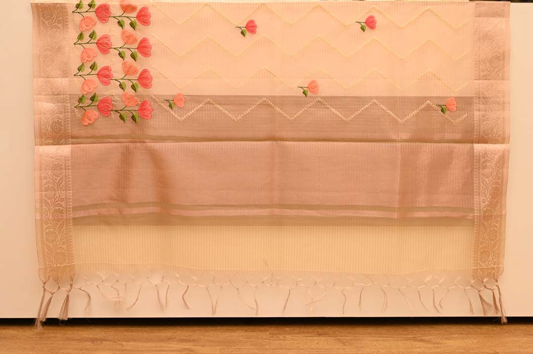 Golden Beige with Coral Floral Fancy Saree – DDA019