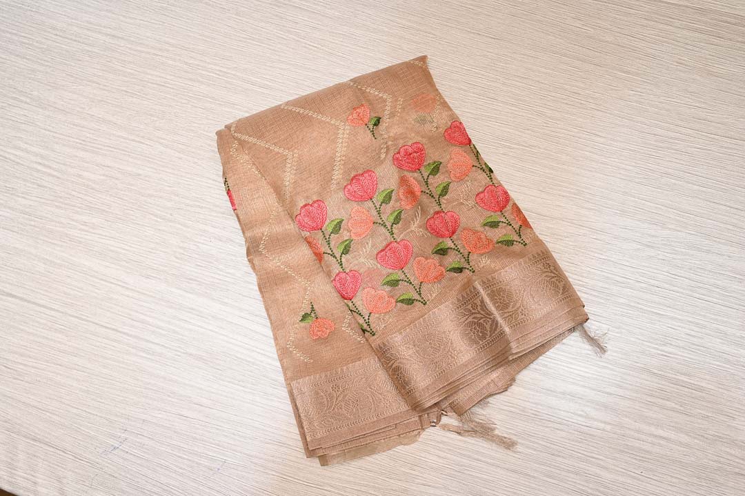 Golden Beige with Coral Floral Fancy Saree – DDA019