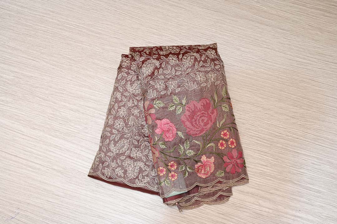 Mocha Brown with Rose Floral Fancy Saree – DDA020