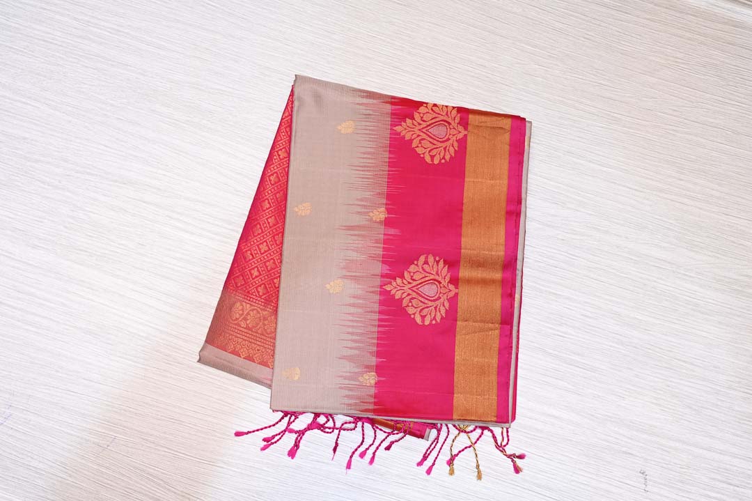 Soft Grey with Roja Poo Border Kanchipuram Silk Saree – DDA003
