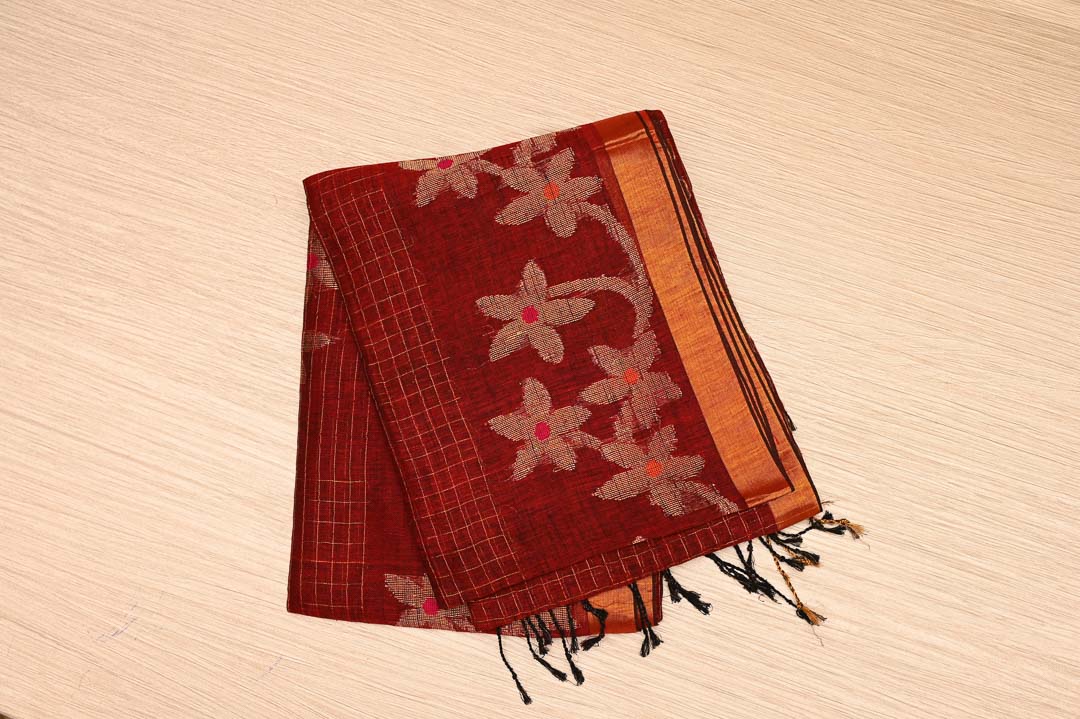 Brick Maroon Linen Saree-DDA042