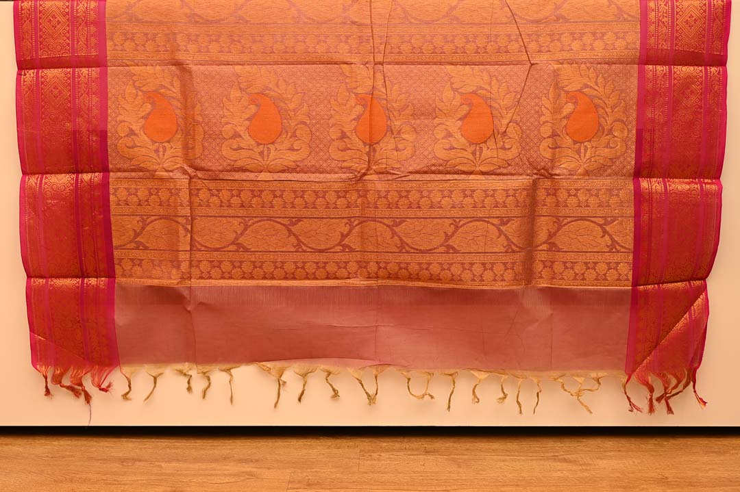 Temple Red with Antique Gold Border Pure Chettinad Cotton Saree-DDA055