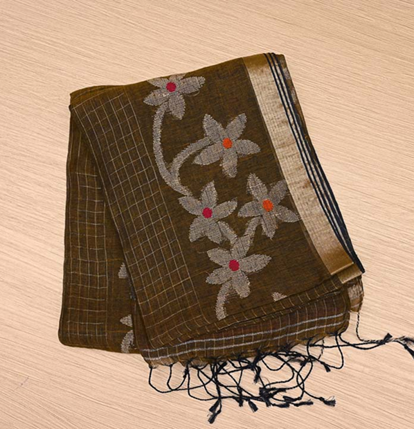 Olive Brown Linen Saree