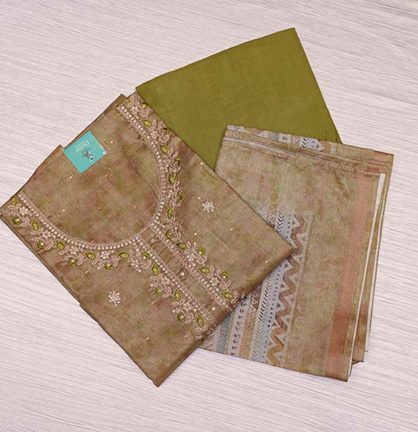 Olive Green Semi Tissue Tussar Salwar Material