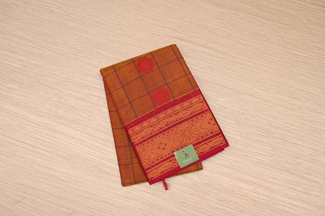 Terracotta Orange with Red Border Pure Chettinad Cotton Saree-DDA054